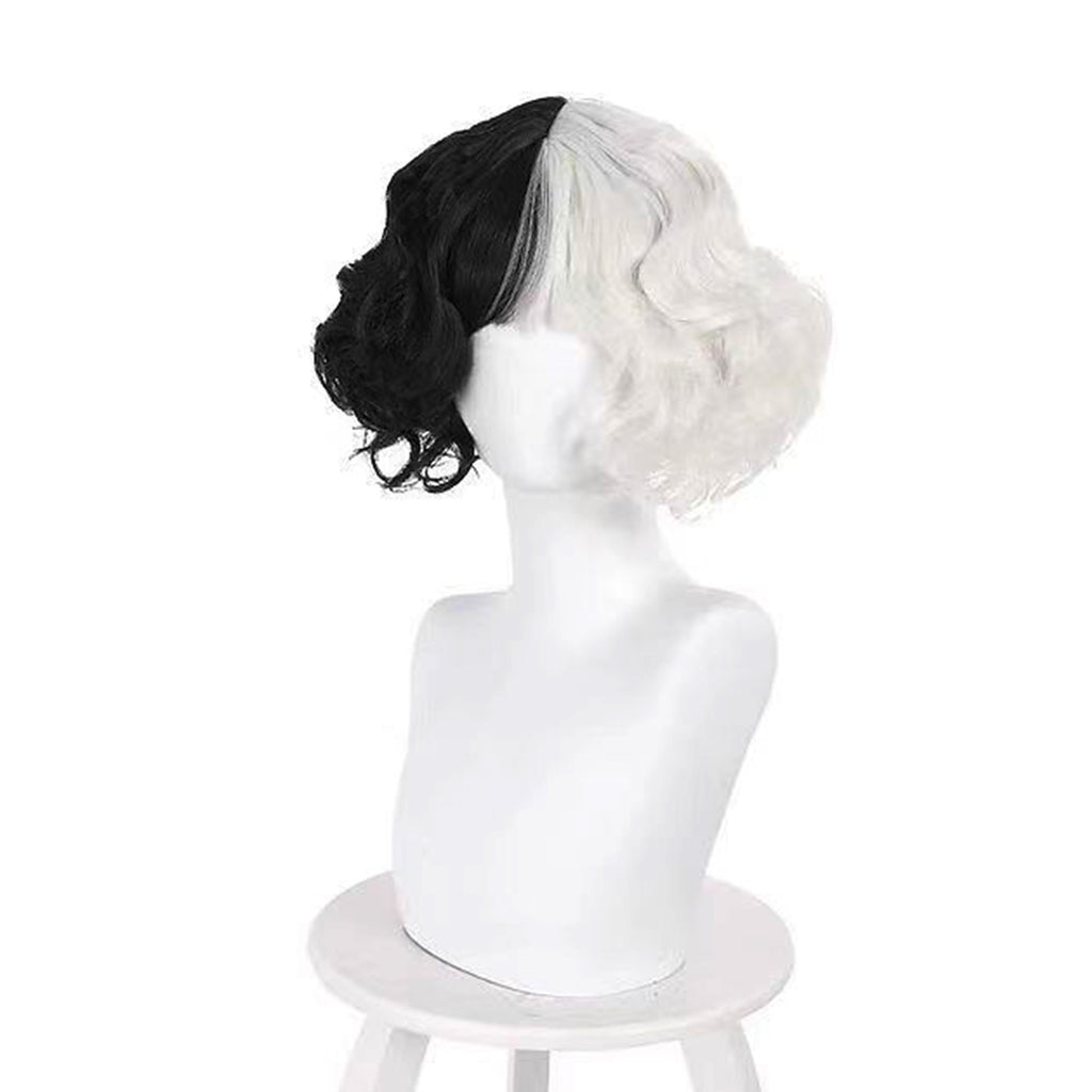 Anime Cruella 30cm Short Curl Wigs Black White Color Fake Hair for Cruella de Vil