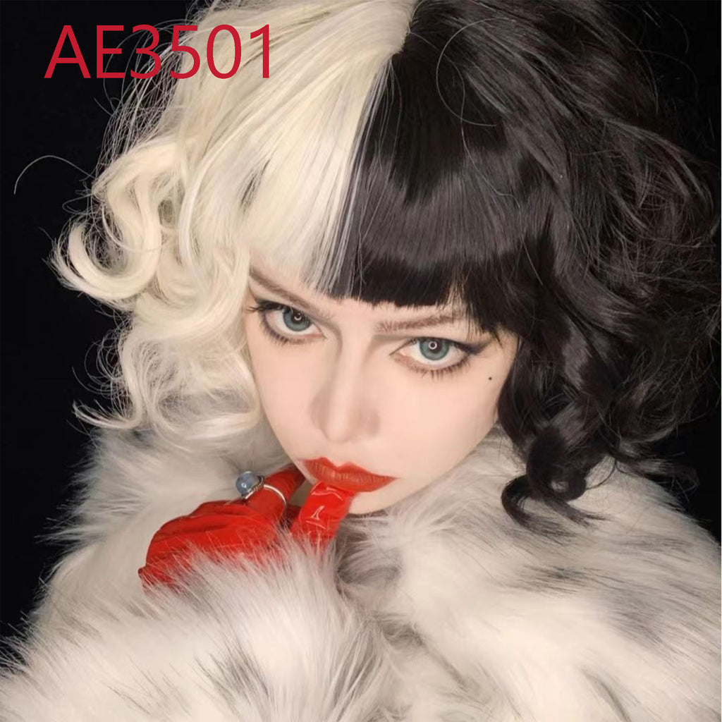 Anime Cruella 30cm Short Curl Wigs Black White Color Fake Hair for Cruella de Vil