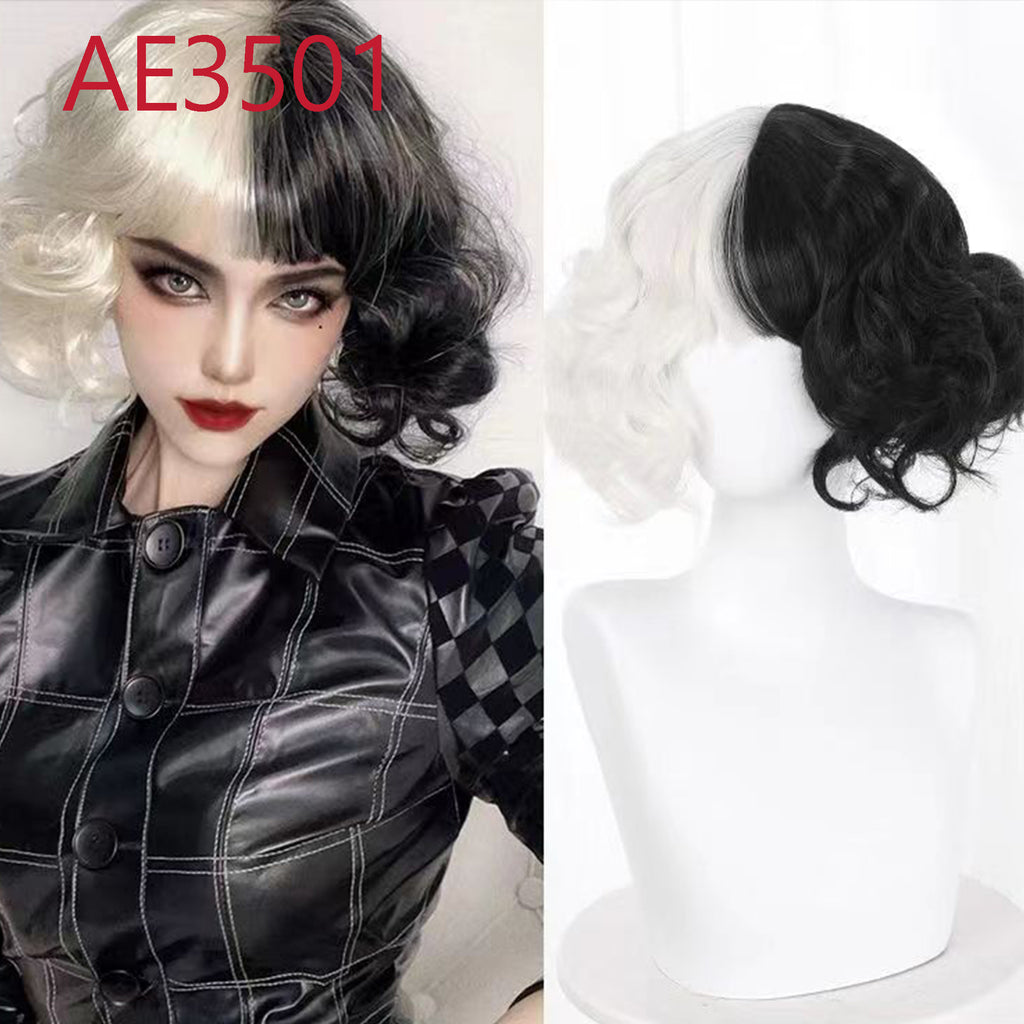 Anime Cruella 30cm Short Curl Wigs Black White Color Fake Hair for Cruella de Vil