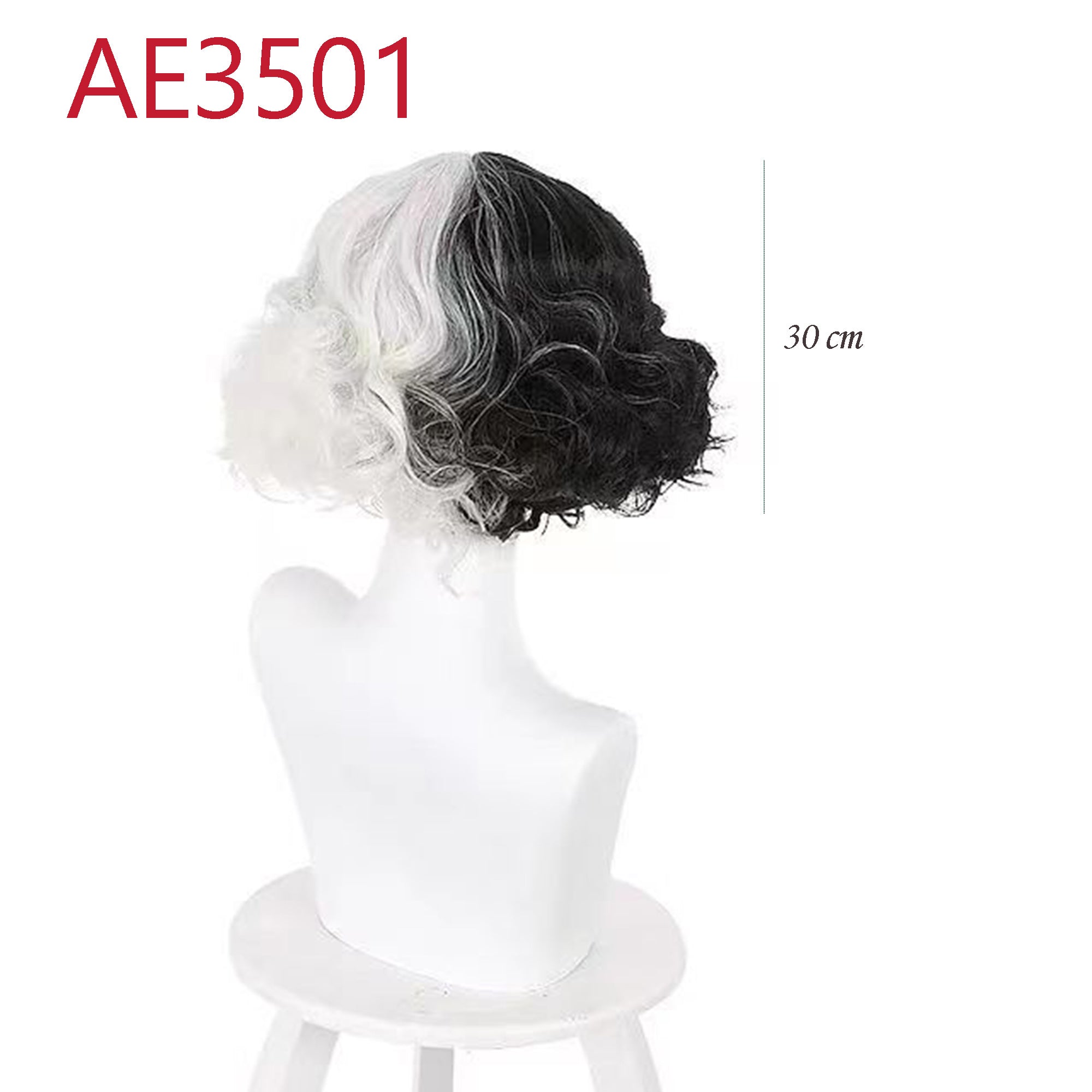 Anime Cruella 30cm Short Curl Wigs Black White Color Fake Hair for Cruella de Vil