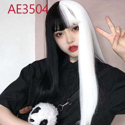 Anime Cruella 60cm Long Straight Wigs Black White Color Fake Hair for Cruella de Vil