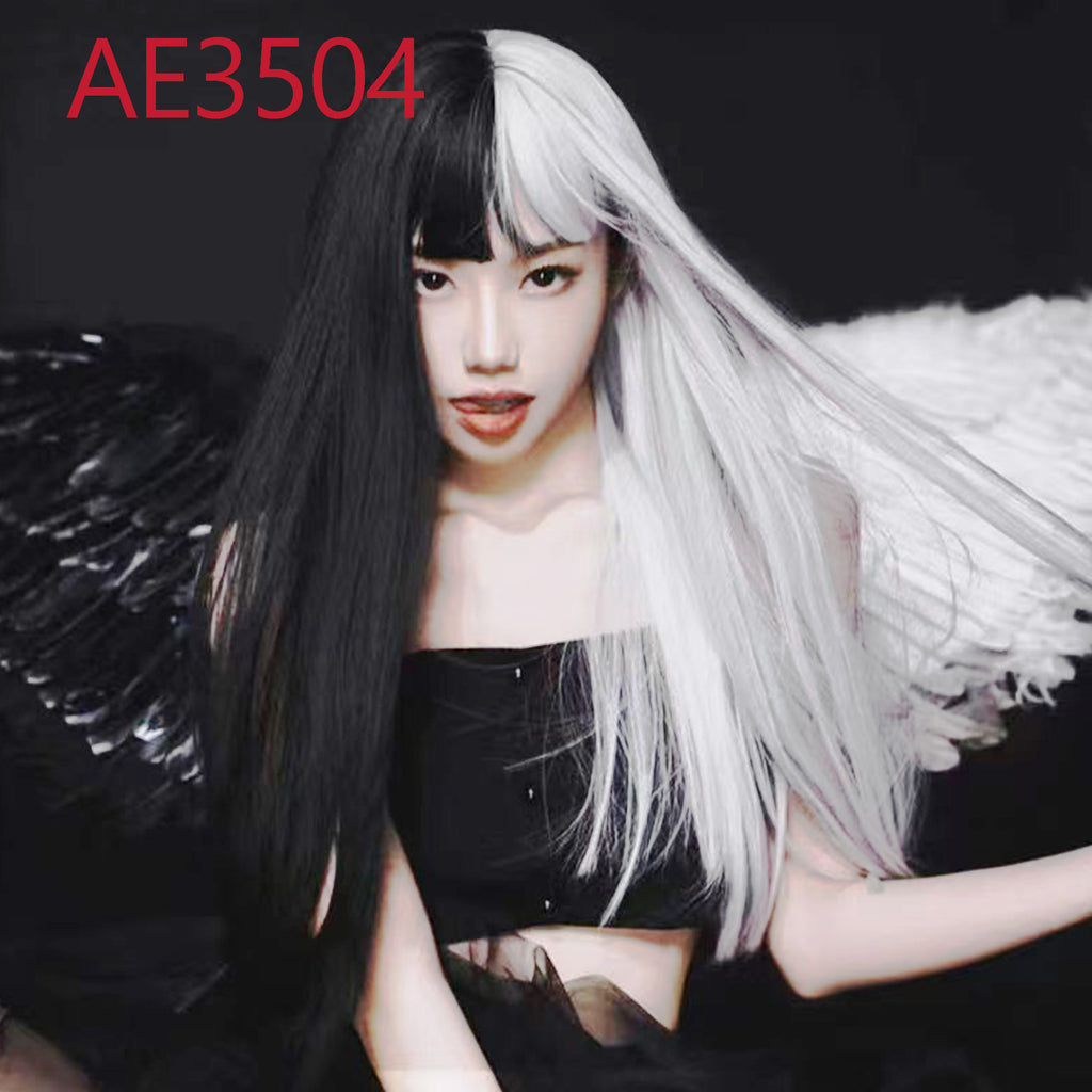 Anime Cruella 60cm Long Straight Wigs Black White Color Fake Hair for Cruella de Vil