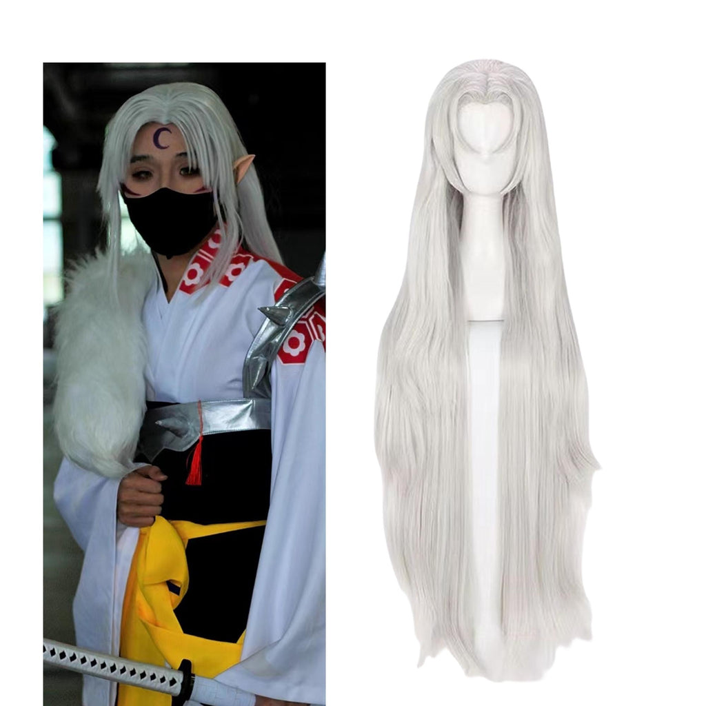 Anime Sesshomaru 100cm Long Wigs Cosplay White Straight Fake Hair for Inuyasha