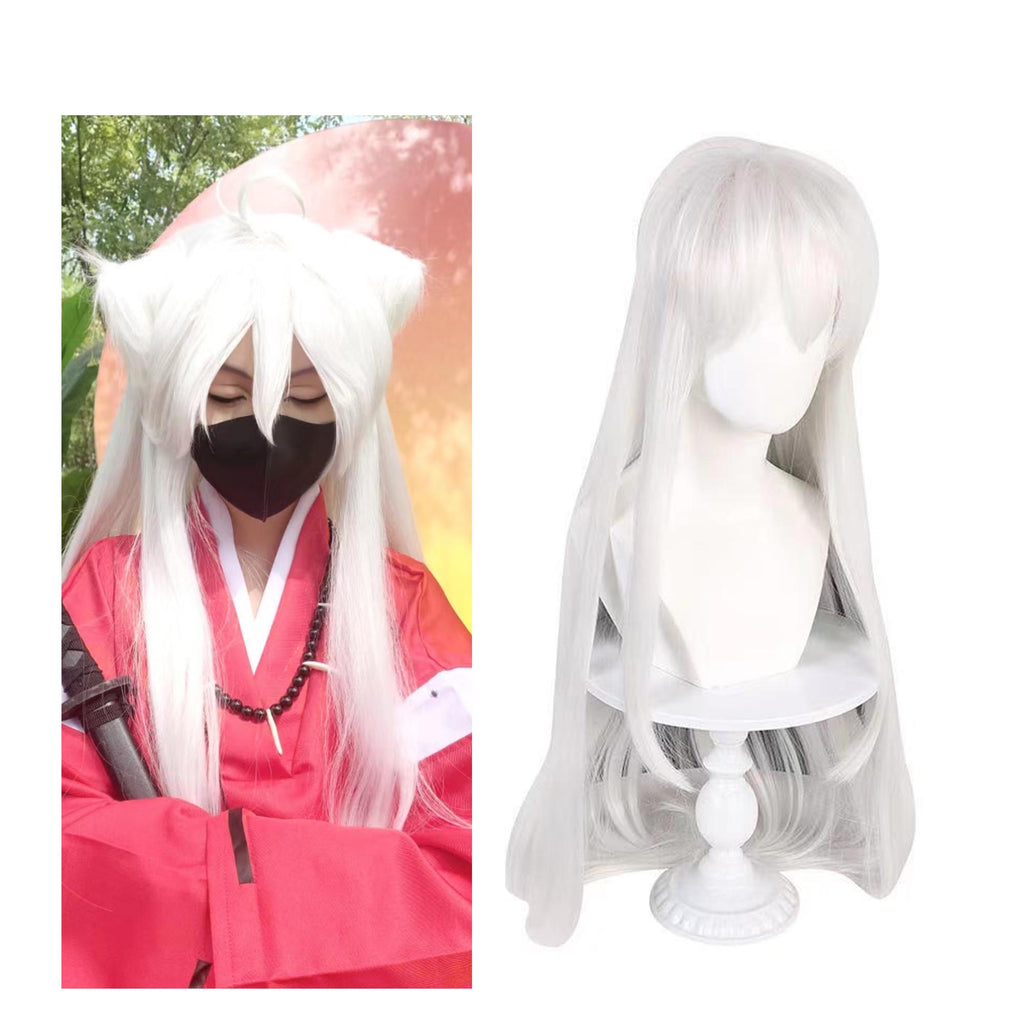 Anime Inuyasha 80cm Long Wigs with White Ear Cosplay White Straight Fake Hair for Inuyasha
