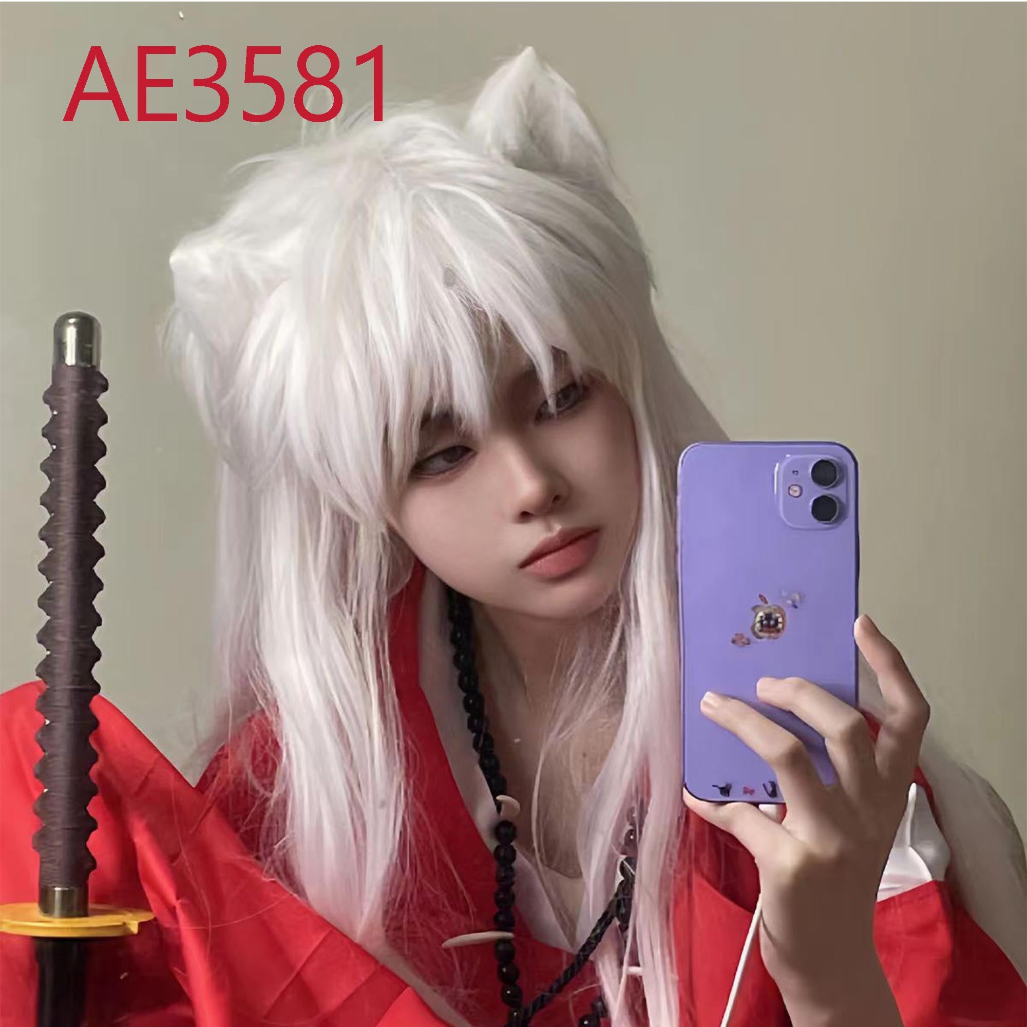 Anime Inuyasha 80cm Long Wigs with White Ear Cosplay White Straight Fake Hair for Inuyasha