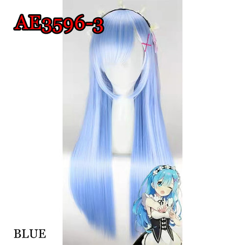 Anime Rem Ram 80cm Long Straight Wigs with Hairband Blue or Pink Cosplay Fake Hair for A Zero -Starting Life in Another World‌