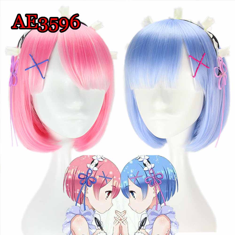Anime Rem Ram Cosplay Wigs with Hairband 30cm Fake Hair for A Zero -Starting Life in Another World‌