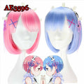 Anime Rem Ram Cosplay Wigs with Hairband 30cm Fake Hair for A Zero -Starting Life in Another World‌