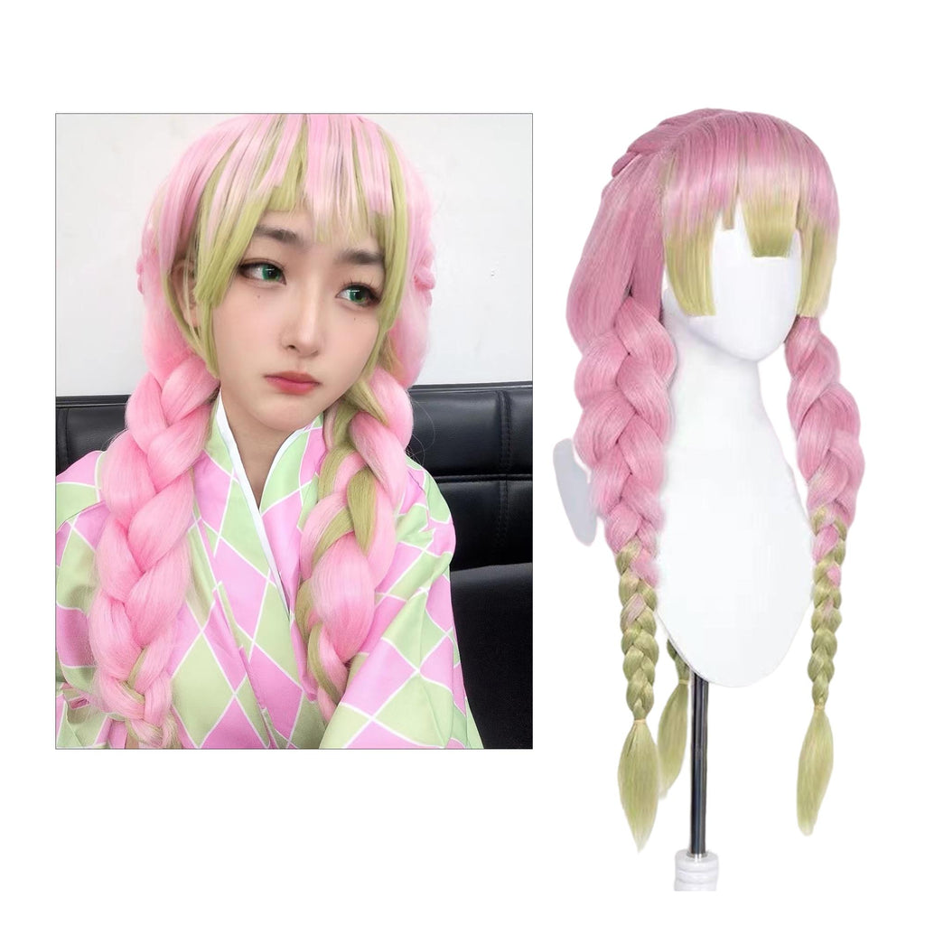 Anime Kanroji Mitsuri 3-Long Braided Wigs Pink Green Color Fake Hair for Demon Slayer