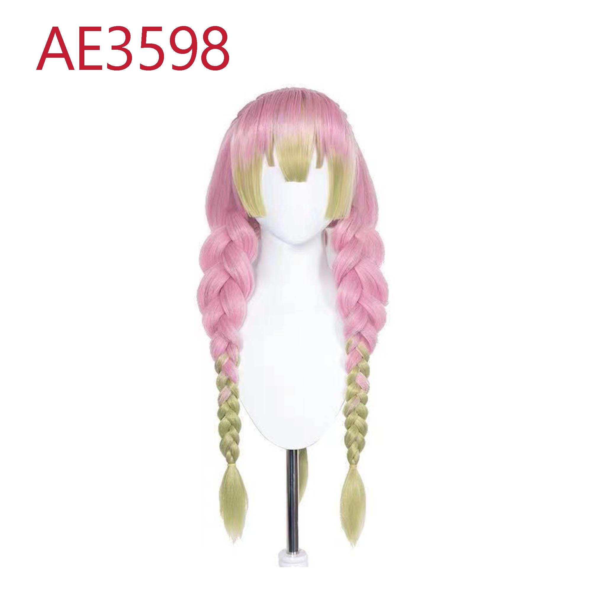 Anime Kanroji Mitsuri 3-Long Braided Wigs Pink Green Color Fake Hair for Demon Slayer