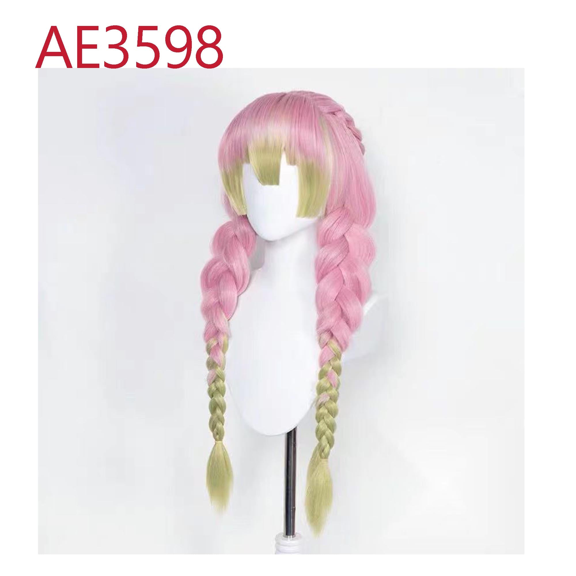 Anime Kanroji Mitsuri 3-Long Braided Wigs Pink Green Color Fake Hair for Demon Slayer