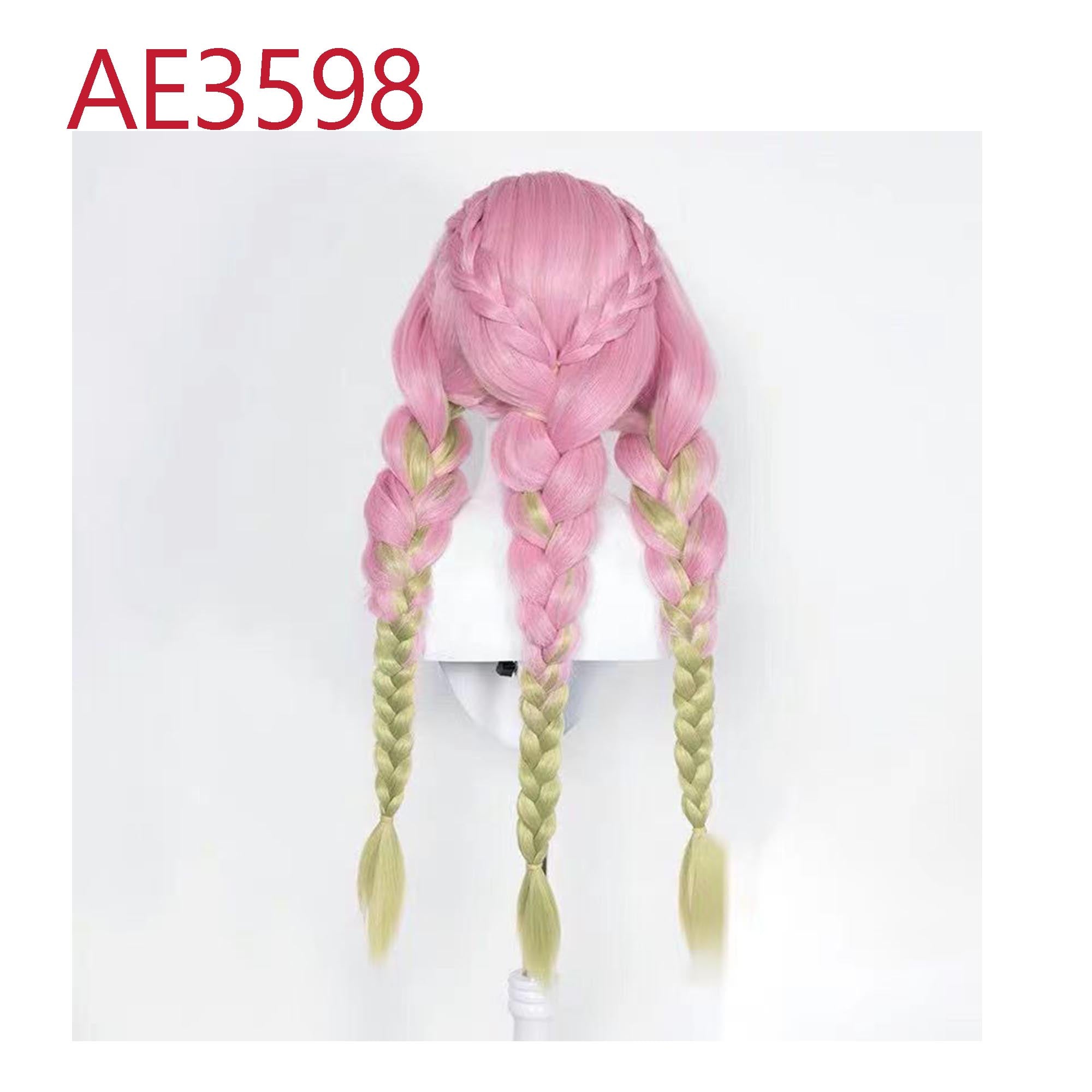Anime Kanroji Mitsuri 3-Long Braided Wigs Pink Green Color Fake Hair for Demon Slayer