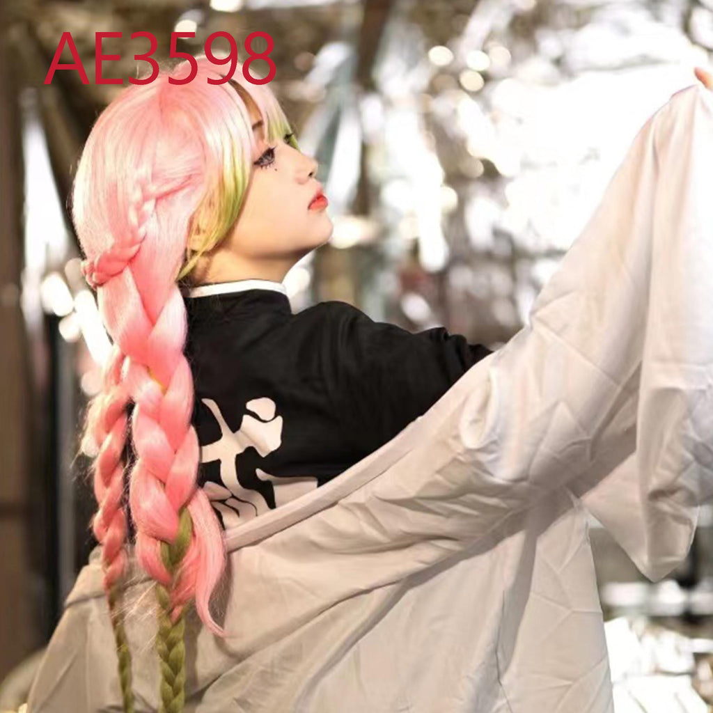 Anime Kanroji Mitsuri 3-Long Braided Wigs Pink Green Color Fake Hair for Demon Slayer
