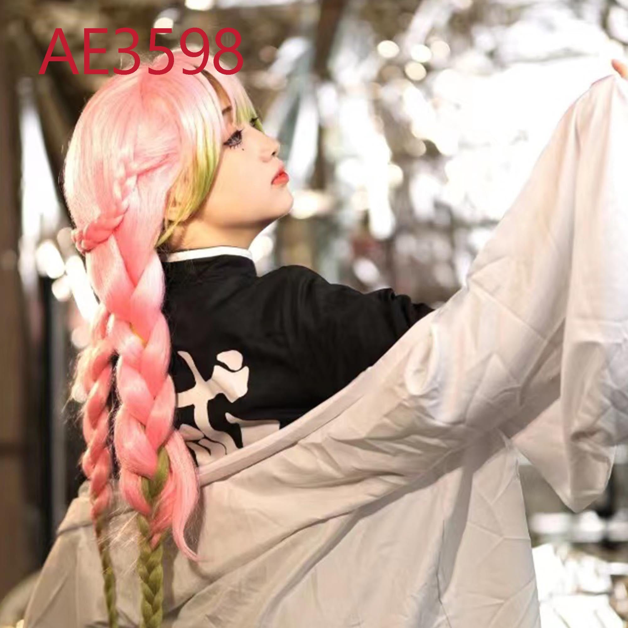 Anime Kanroji Mitsuri 3-Long Braided Wigs Pink Green Color Fake Hair for Demon Slayer