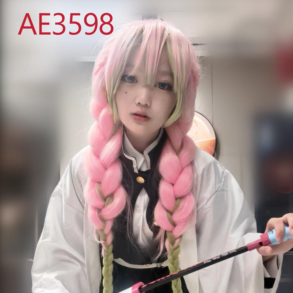 Anime Kanroji Mitsuri 3-Long Braided Wigs Pink Green Color Fake Hair for Demon Slayer