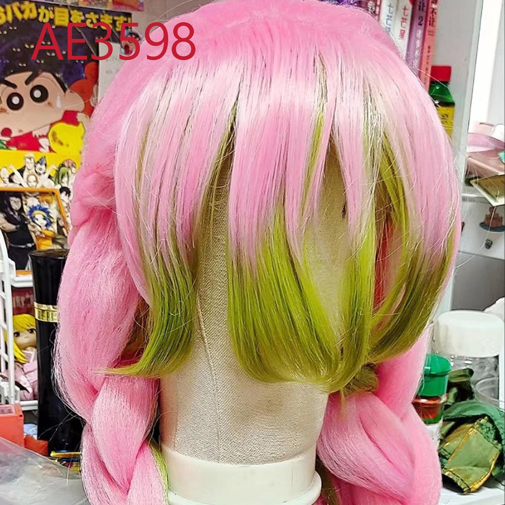 Anime Kanroji Mitsuri 3-Long Braided Wigs Pink Green Color Fake Hair for Demon Slayer