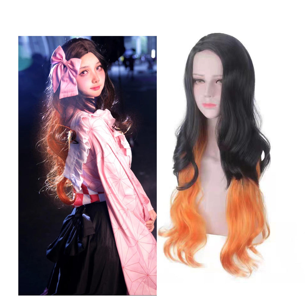 Anime Kamado Nezuko 80cm Long Curl Wigs Black Brown Color Fake Hair for Demon Slayer