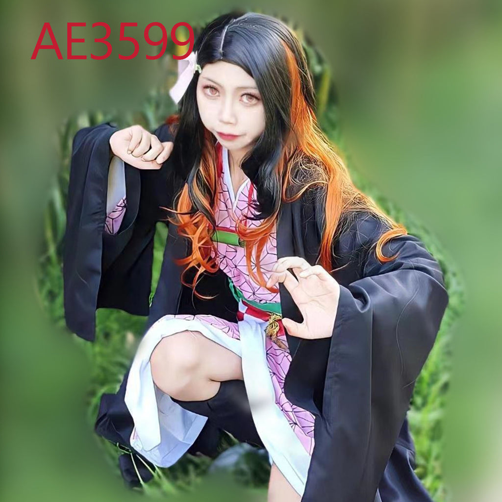 Anime Kamado Nezuko 80cm Long Curl Wigs Black Brown Color Fake Hair for Demon Slayer