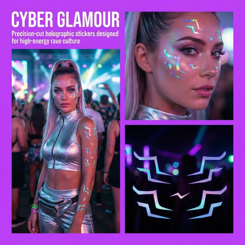 4-Sheets Mix Size Self-Adhesive Cyberpunk Face & Skin Makeup Laser Stickers/DIY Craft Accessories