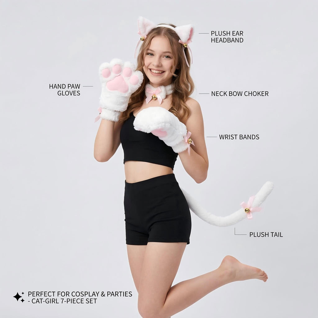 7pcs/set Deluxe Cat Plush Costume Set | Kawaii Cat Ears, Bell Bow Collar & Tie for Cosplay