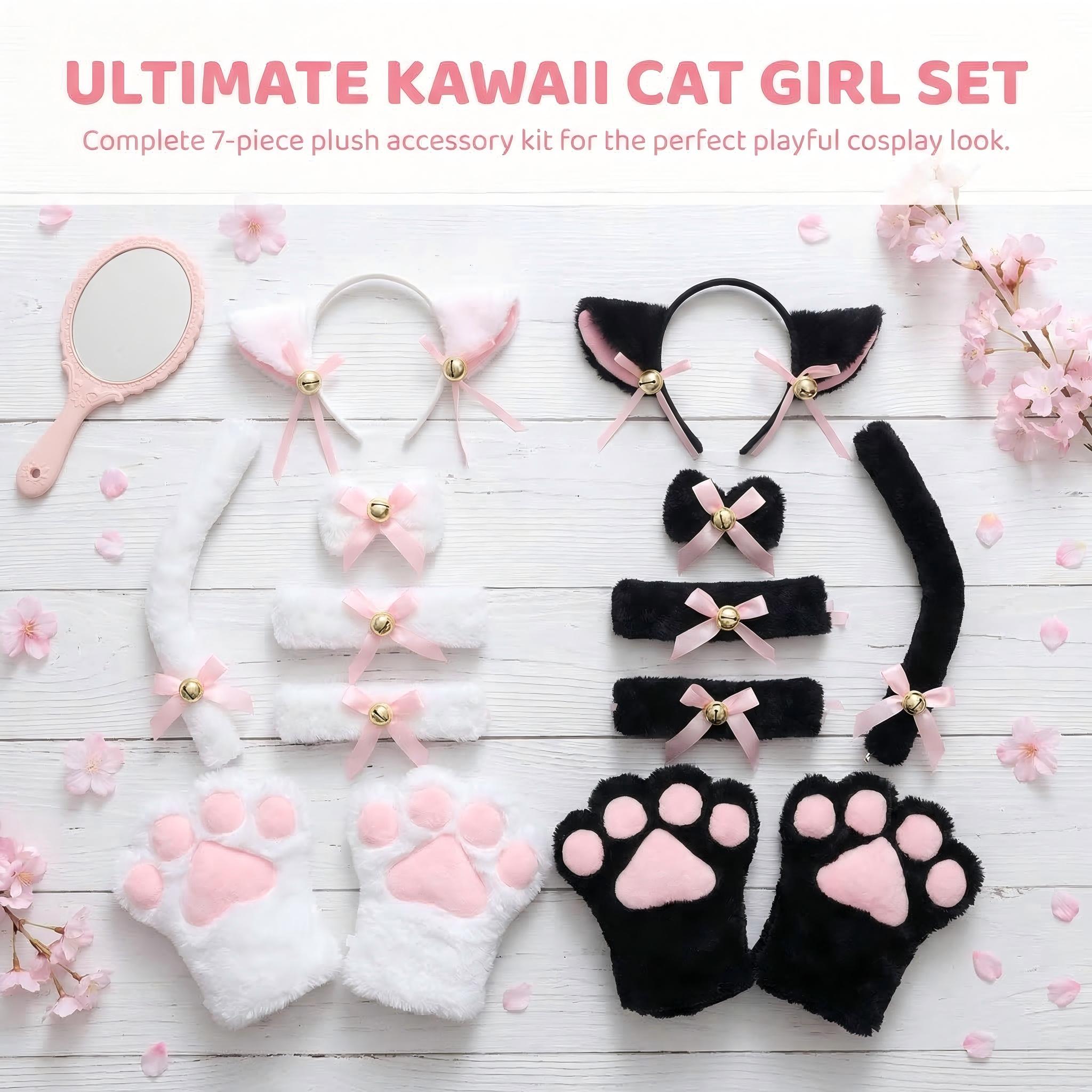7pcs/set Deluxe Cat Plush Costume Set | Kawaii Cat Ears, Bell Bow Collar & Tie for Cosplay