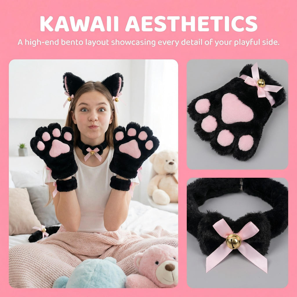 7pcs/set Deluxe Cat Plush Costume Set | Kawaii Cat Ears, Bell Bow Collar & Tie for Cosplay