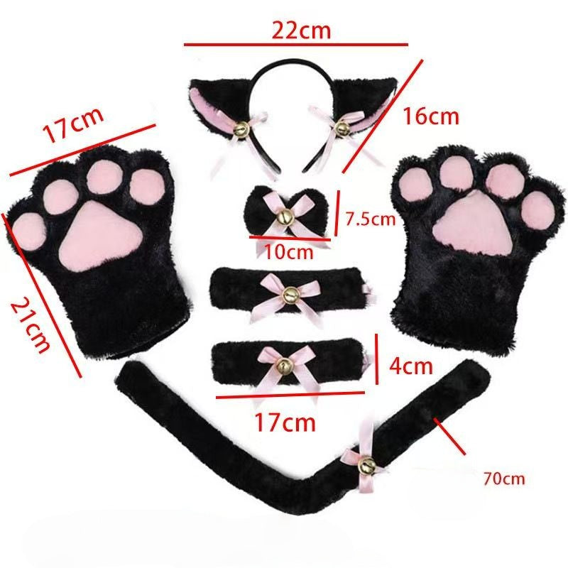 7pcs/set Deluxe Cat Plush Costume Set | Kawaii Cat Ears, Bell Bow Collar & Tie for Cosplay