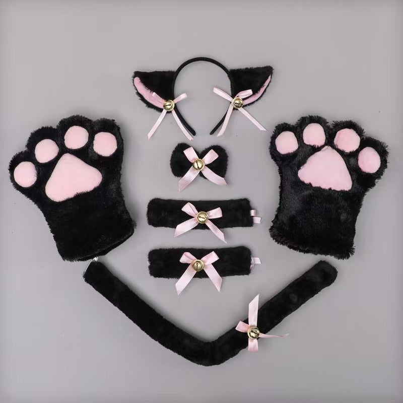 7pcs/set Deluxe Cat Plush Costume Set | Kawaii Cat Ears, Bell Bow Collar & Tie for Cosplay