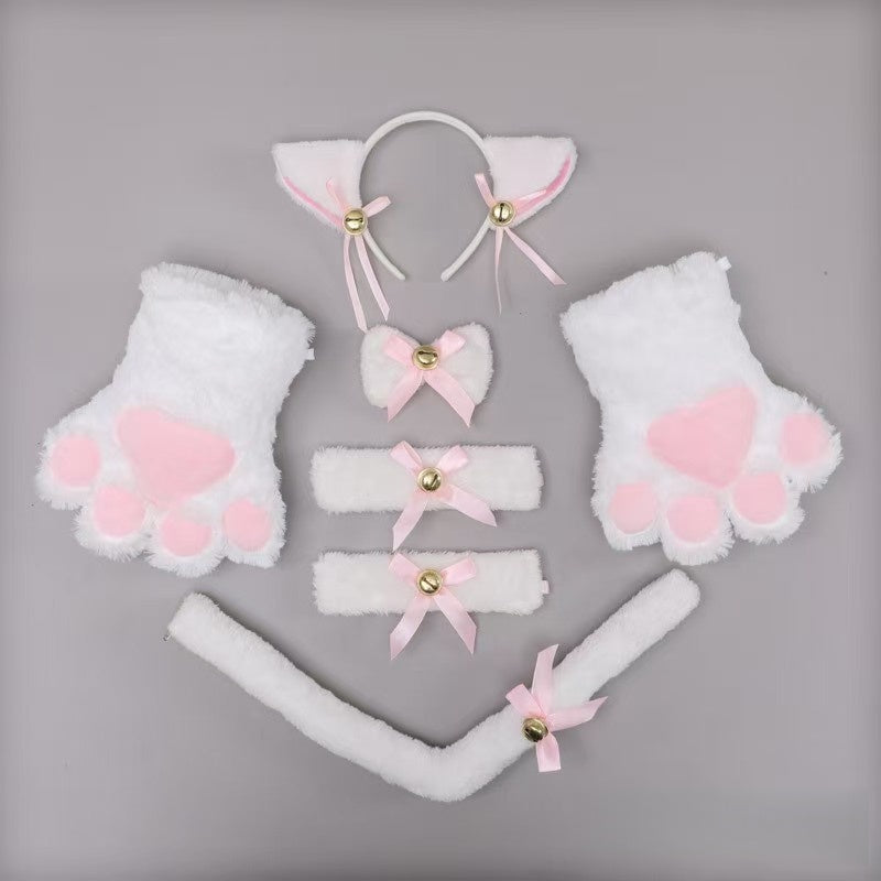 7pcs/set Deluxe Cat Plush Costume Set | Kawaii Cat Ears, Bell Bow Collar & Tie for Cosplay