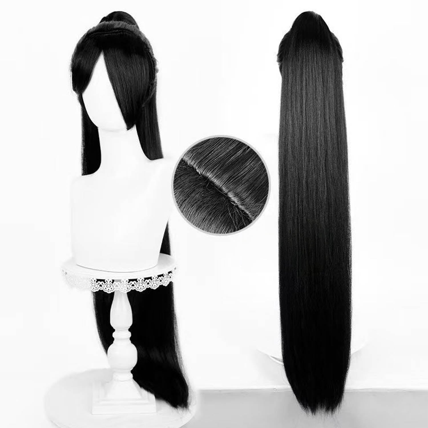 Long Black High Ponytail Wig - 96cm Cosplay Hair with White Streak