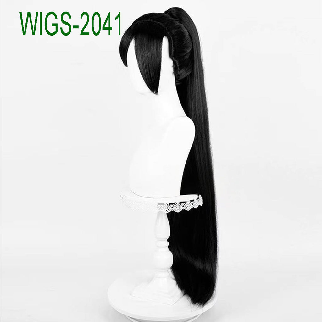Long Black High Ponytail Wig - 96cm Cosplay Hair with White Streak