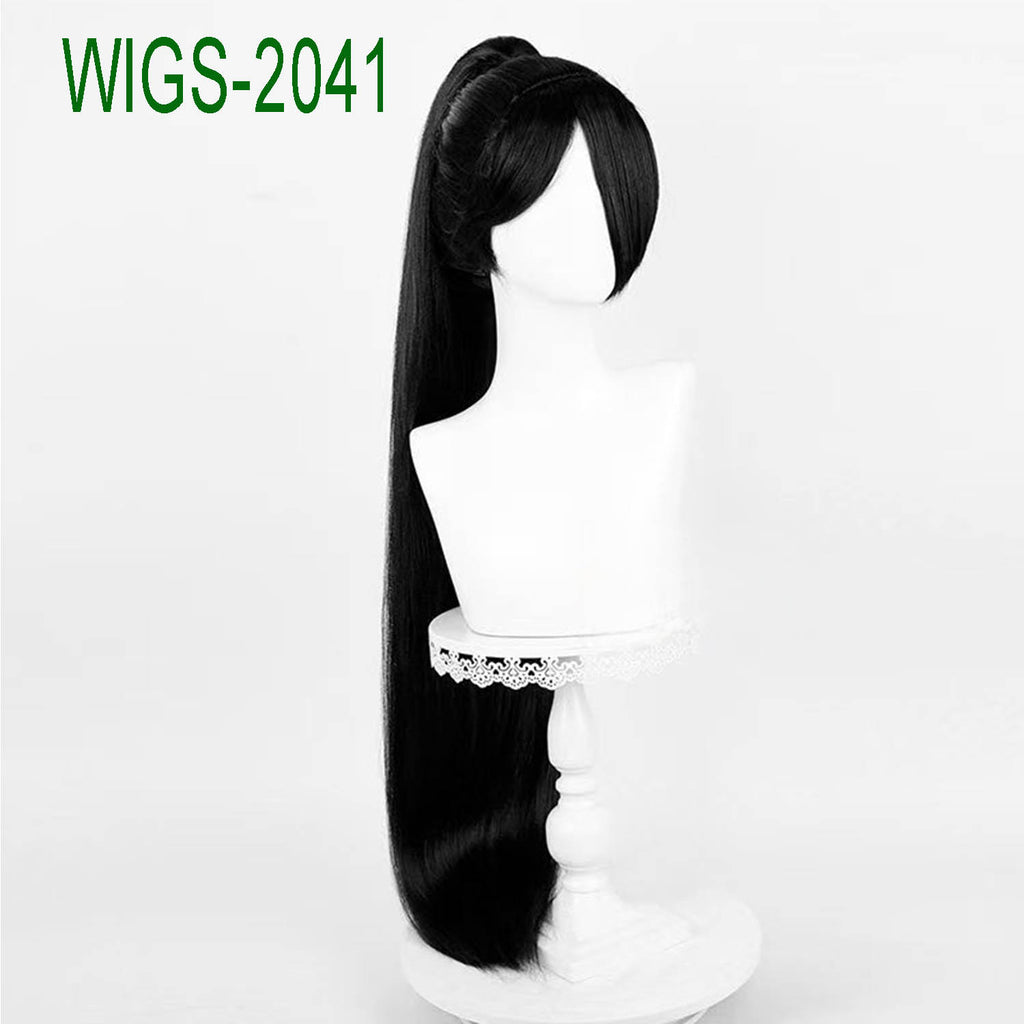 Long Black High Ponytail Wig - 96cm Cosplay Hair with White Streak