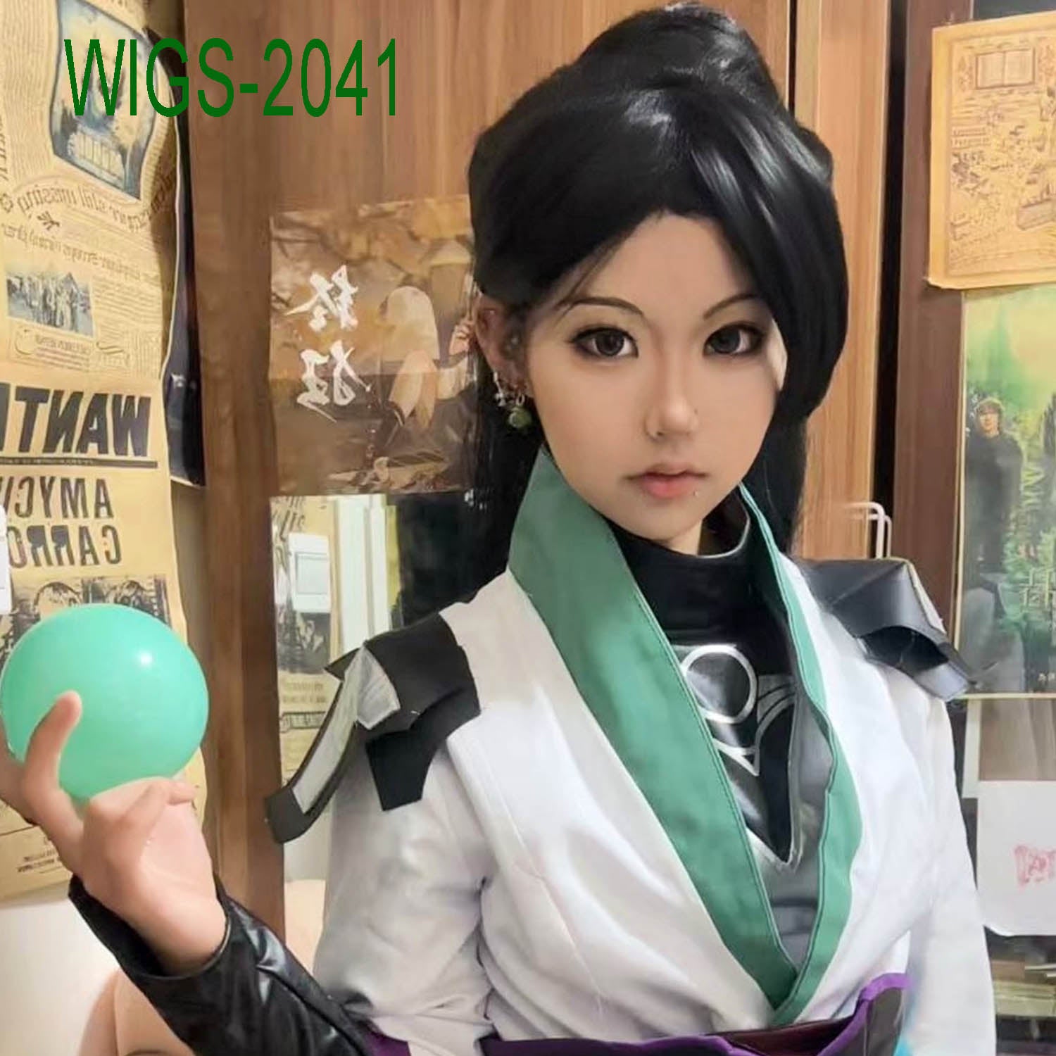 Long Black High Ponytail Wig - 96cm Cosplay Hair with White Streak