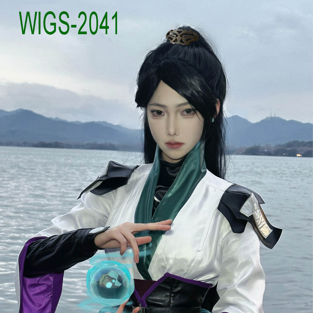 Long Black High Ponytail Wig - 96cm Cosplay Hair with White Streak