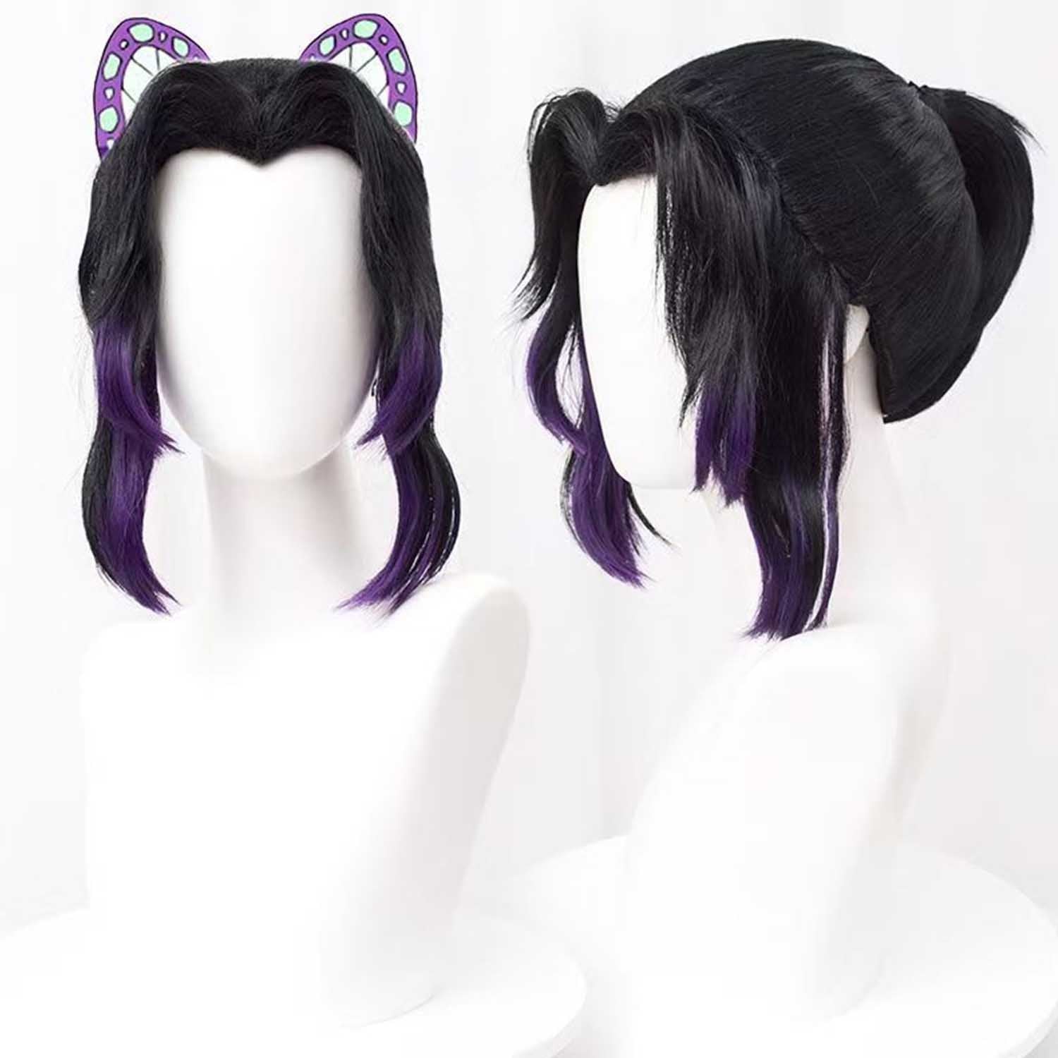 Anime Cosplay Wig 35cm Black Ponytail Purple Underlayer with Butterfly Hairpin
