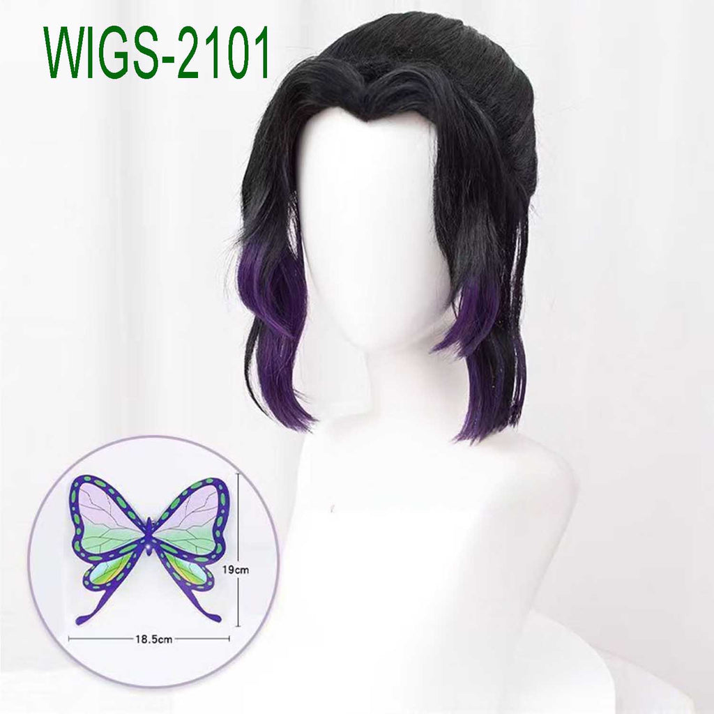 Anime Cosplay Wig 35cm Black Ponytail Purple Underlayer with Butterfly Hairpin