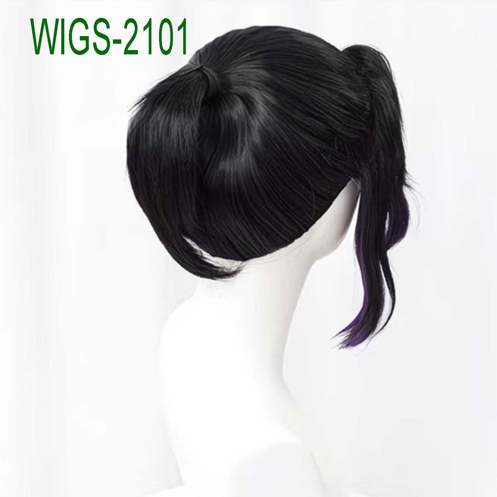 Anime Cosplay Wig 35cm Black Ponytail Purple Underlayer with Butterfly Hairpin
