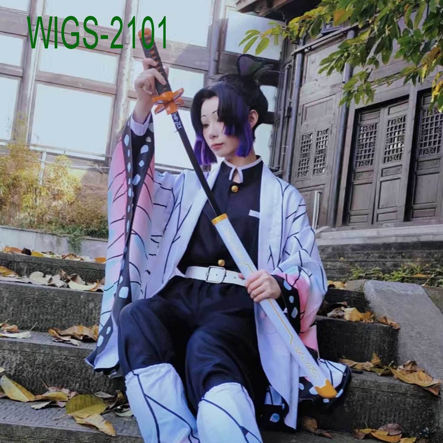 Anime Cosplay Wig 35cm Black Ponytail Purple Underlayer with Butterfly Hairpin