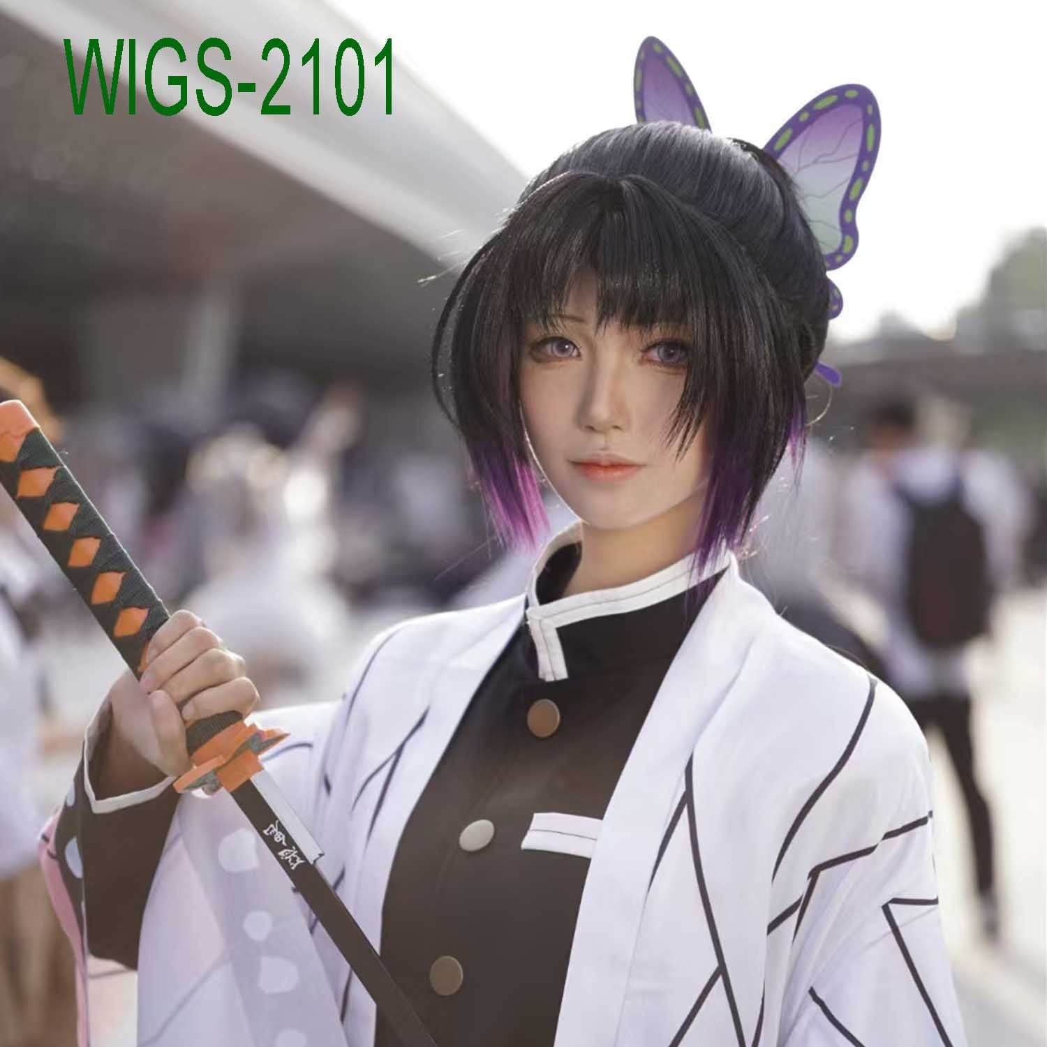 Anime Cosplay Wig 35cm Black Ponytail Purple Underlayer with Butterfly Hairpin