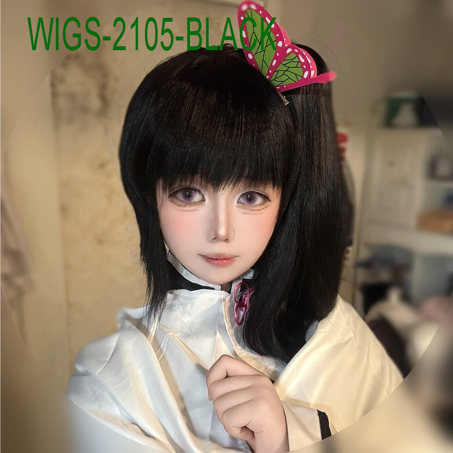 Anime Cosplay 40cm Black Wig and Side Ponytail with Butterfly Clip