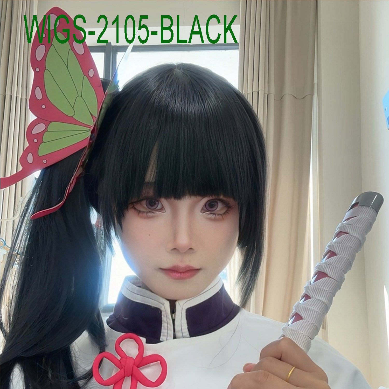 Anime Cosplay 40cm Black Wig and Side Ponytail with Butterfly Clip