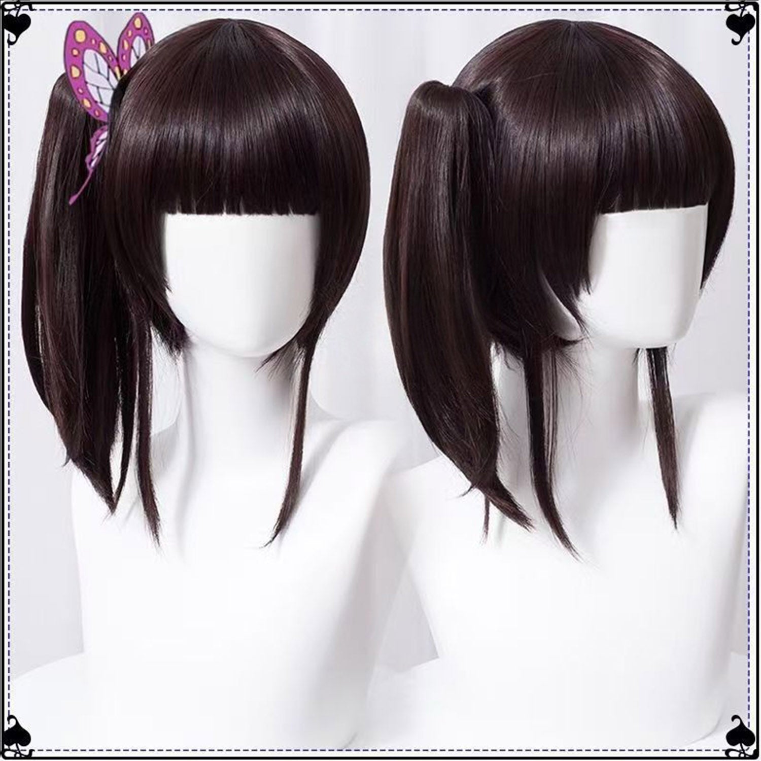 Anime Cosplay 40cm Dark Brown Wig and Side Ponytail with Butterfly Clip