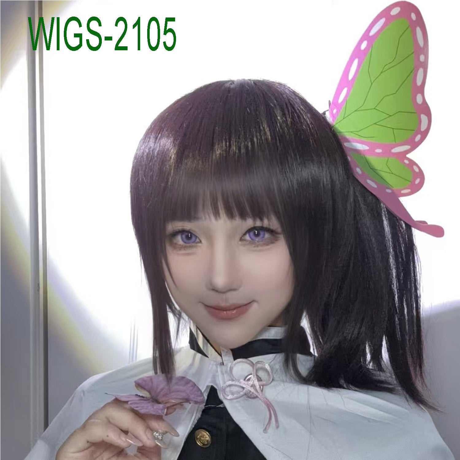 Anime Cosplay 40cm Dark Brown Wig and Side Ponytail with Butterfly Clip