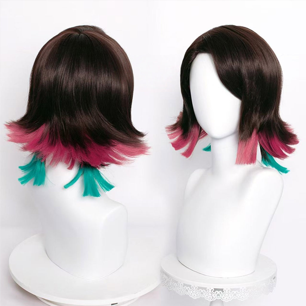 Dark Brown and Burgundy Anime Wigs with 2 Green Hair Extension - 35cm Mid-Length Cosplay Wig