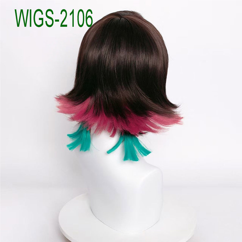 Dark Brown and Burgundy Anime Wigs with 2 Green Hair Extension - 35cm Mid-Length Cosplay Wig