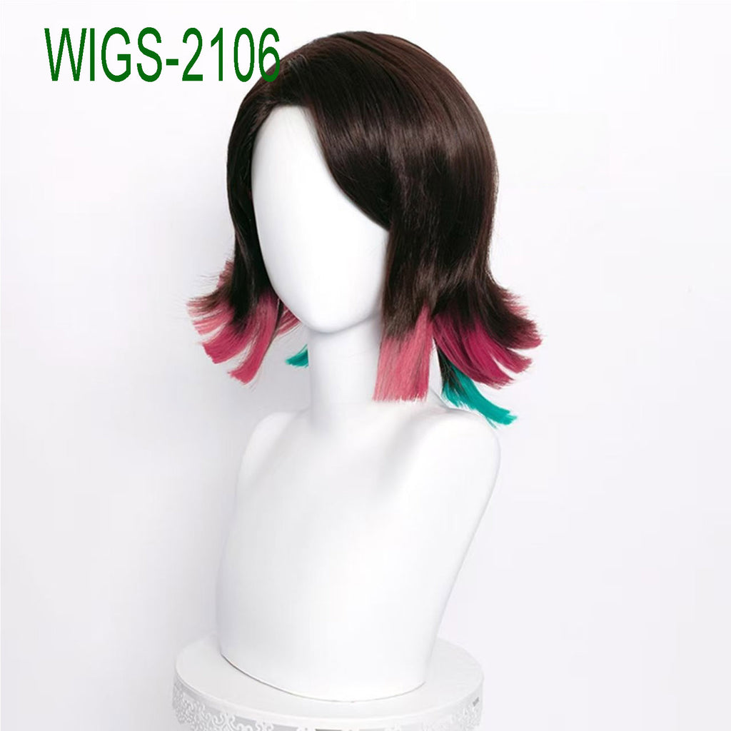 Dark Brown and Burgundy Anime Wigs with 2 Green Hair Extension - 35cm Mid-Length Cosplay Wig