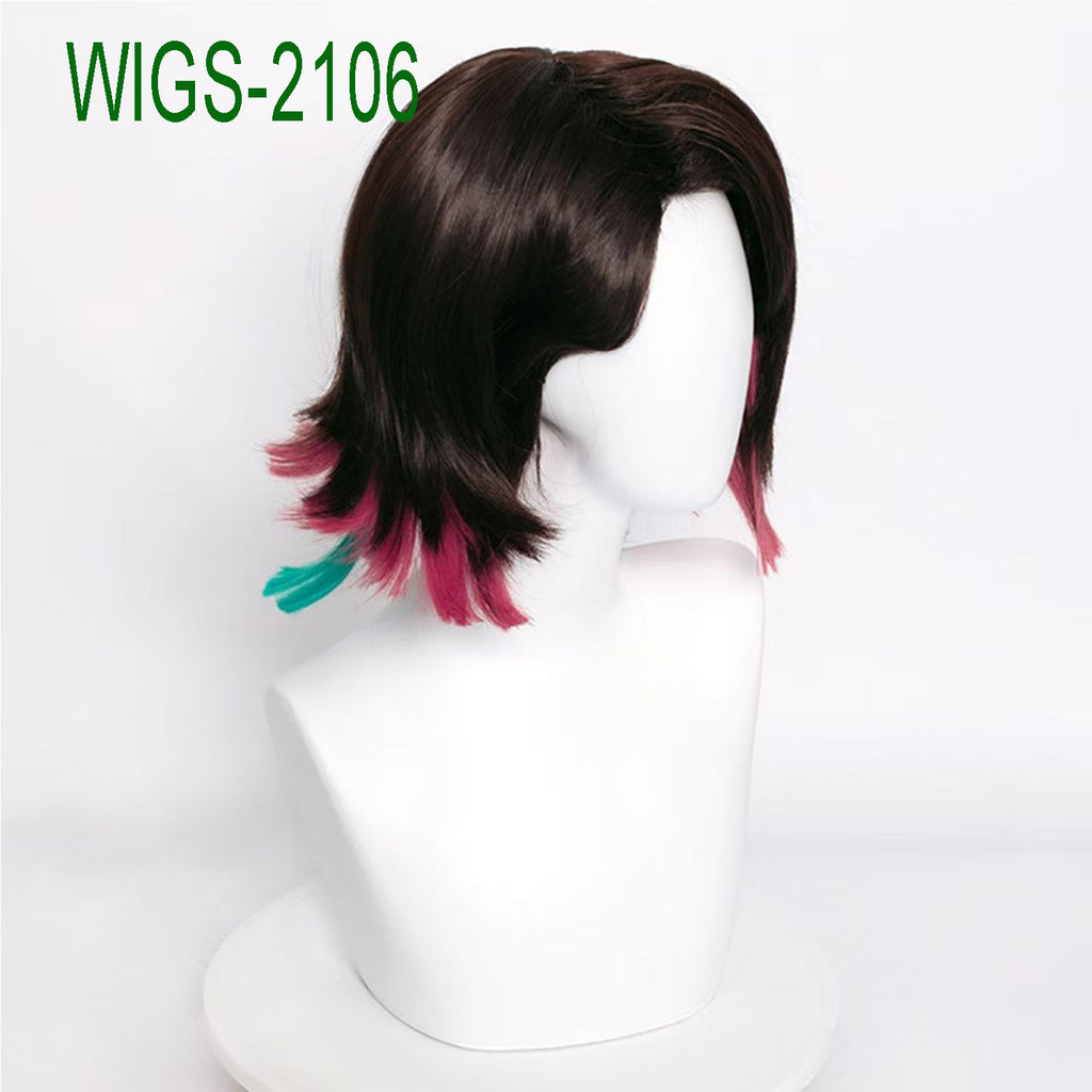 Dark Brown and Burgundy Anime Wigs with 2 Green Hair Extension - 35cm Mid-Length Cosplay Wig