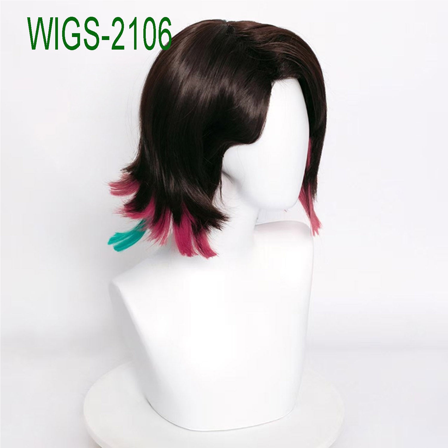Anime Cosplay 35cm Short Dark Brown and Burgundy Wig with Flipped-out Green Tps