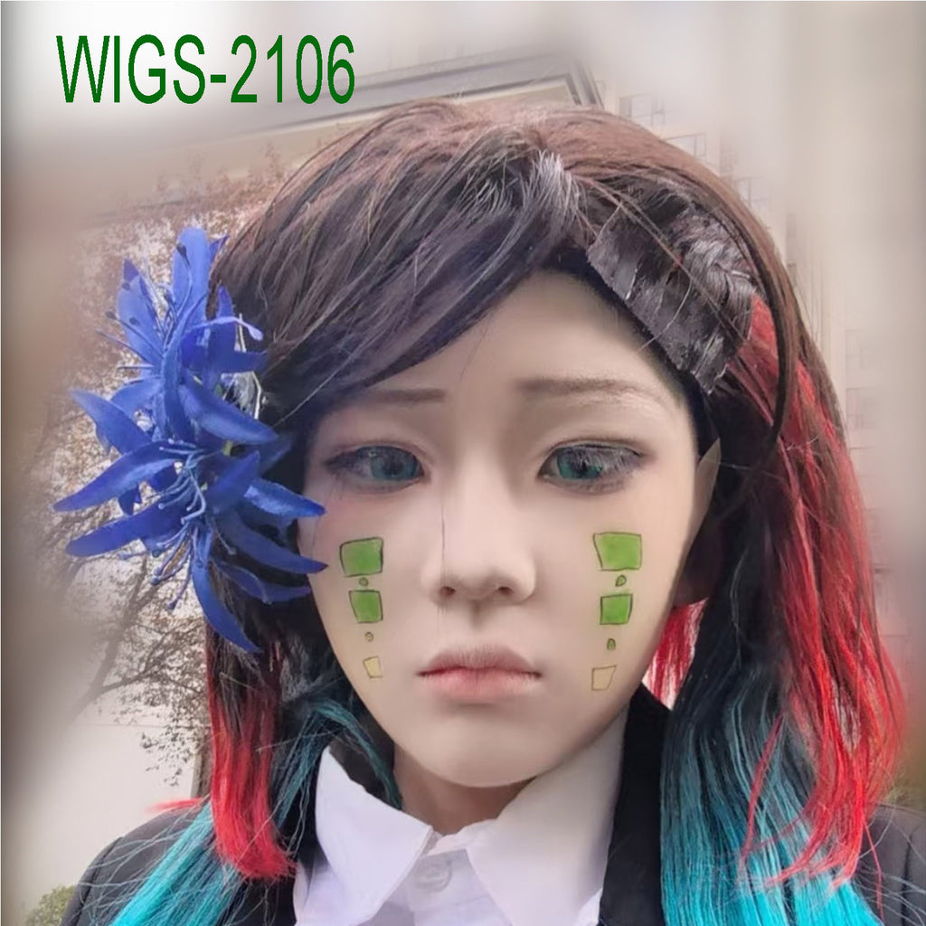 Dark Brown and Burgundy Anime Wigs with 2 Green Hair Extension - 35cm Mid-Length Cosplay Wig
