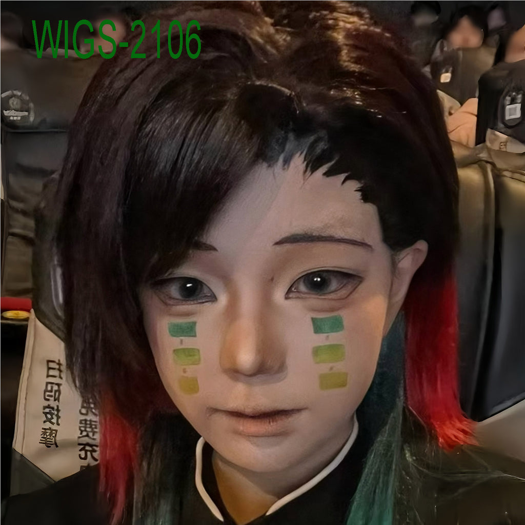 Dark Brown and Burgundy Anime Wigs with 2 Green Hair Extension - 35cm Mid-Length Cosplay Wig